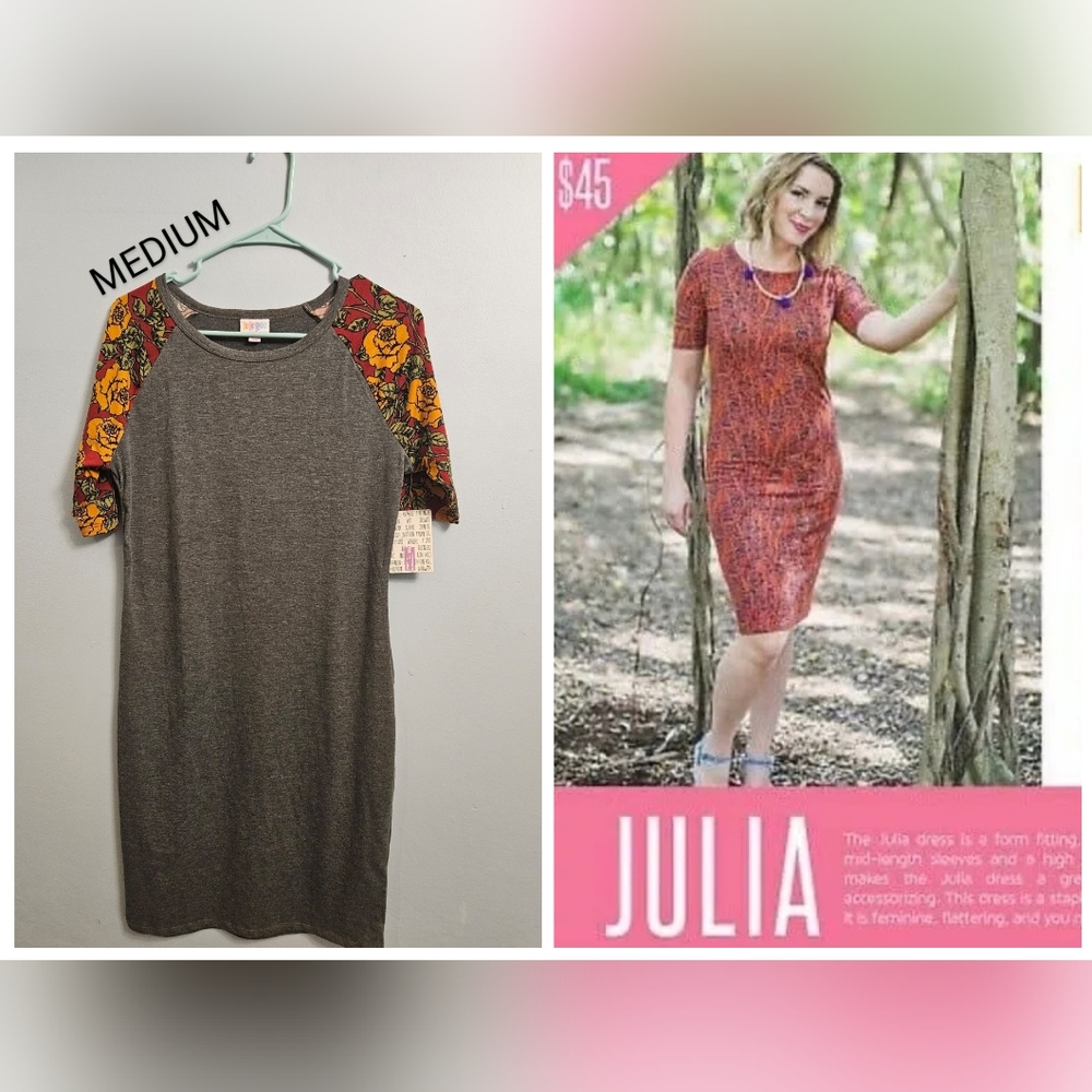 LuLaRoe Women's Julia Dress Grey Orange Flower Detail on Sleeve Size Medium NWT